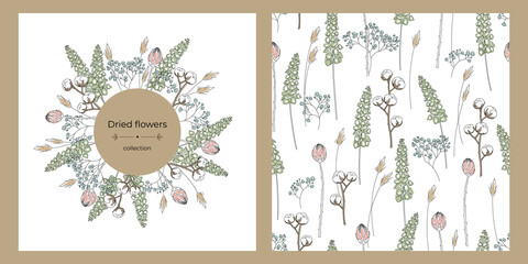 Greeting card from dry flowers Lagurus, Cotton, Gypsophila, Proteas.. Postcard concept with place for text and seamless pattern. Vector illustration