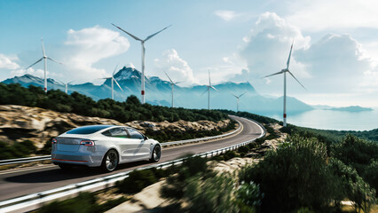 Electric car drive on the wind turbines background. Car drives along a mountain road. Electric car driving along windmills farm. Alternative energy for cars. Car and wind turbines farm. 3d render