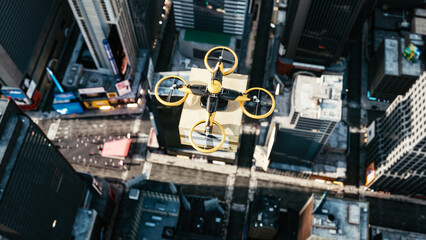 Drone delivering post package. Drone is delivering the package above the city. Drone flying over city, delivering postal package. Copter delivering package in the city. 3d illustration