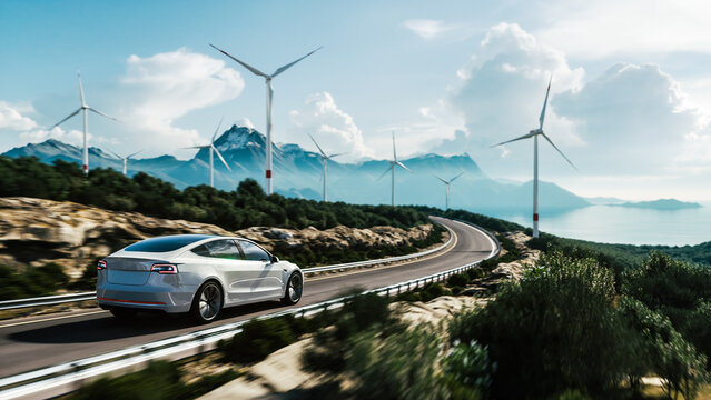 Electric car drive on the wind turbines background. Car drives along a mountain road. Electric car driving along windmills farm. Alternative energy for cars. Car and wind turbines farm. 3d render