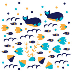 Underwater children's print. Cartoon fish, whales and the underwater world.
