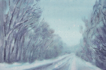 Forest trees in blue twilight snowstorm watercolor background