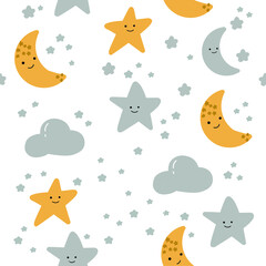 Cute star, moon and cloud on white background seamless pattern