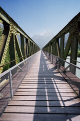 Fototapeta na wymiar Hiking on the Swiss Alp Mountains. Metal girder bridge with pathway.