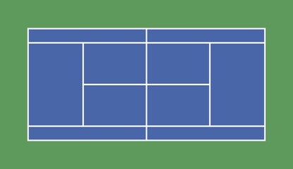 Tennis court layout, empty. Blue color, white line, green background, top view. Design element