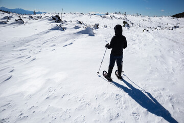 Fototapeta na wymiar 北横岳の坪庭でスノーシューを履いてトレッキングをする人