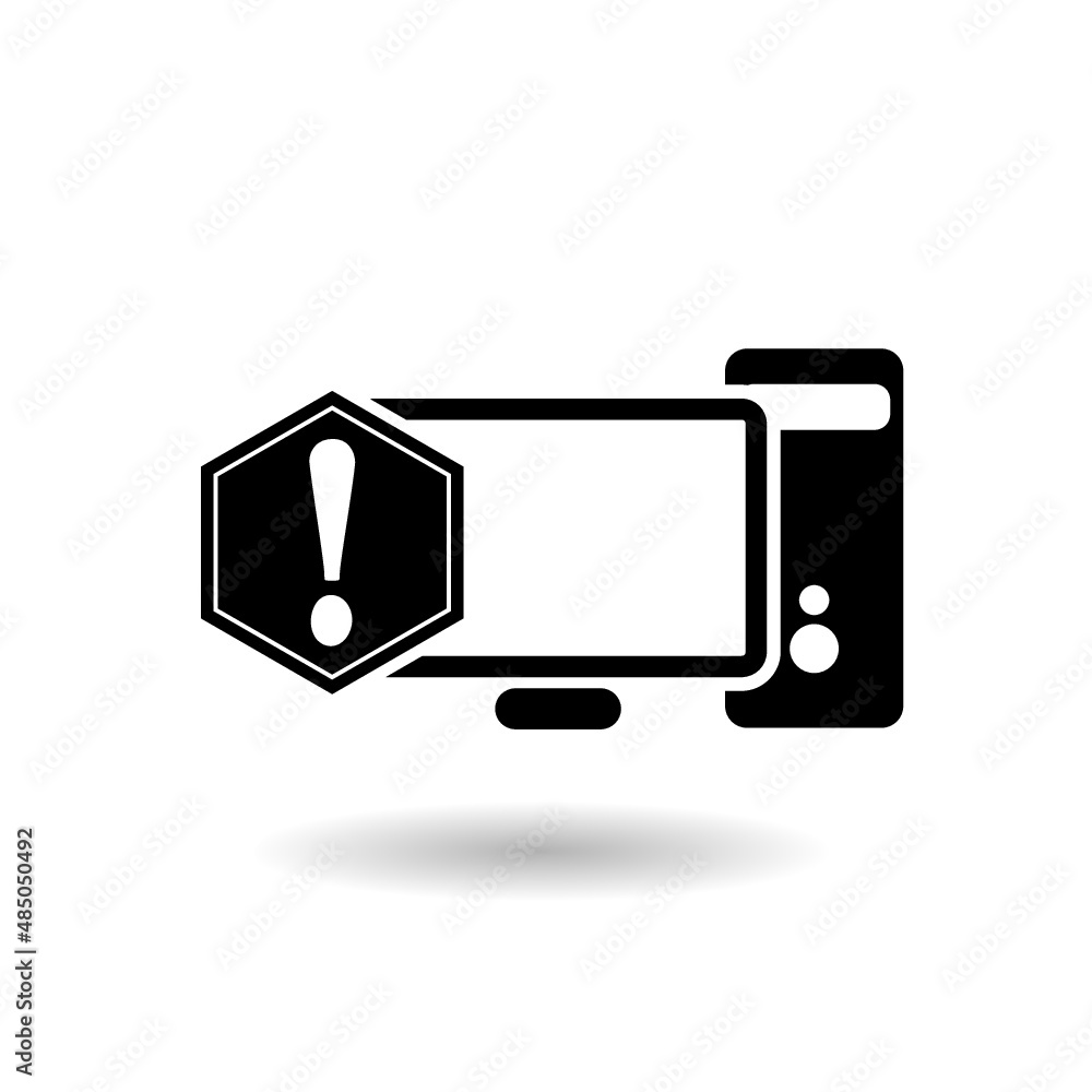 Poster computer monitor with exclamation mark icon with shadow