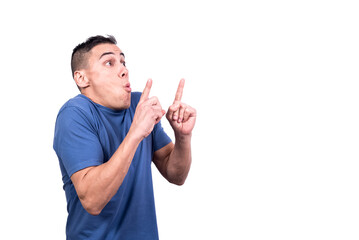 Profile of a surprised man pointing up with his fingers