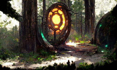 Fantasy Magical fairy-tale portal in the forest. Round stone portal teleport in trees to other worlds. Fantastic landscape. Magic Altar in the forest - obrazy, fototapety, plakaty