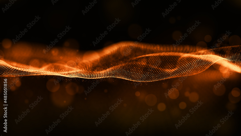Poster digital particle wave floor gold color abstract background. 3d rendering