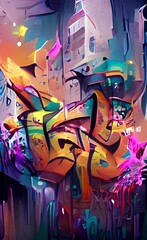 Street graffiti, abstract words on the wall. Graffiti drawing with bright colors, paint. Illustration - obrazy, fototapety, plakaty