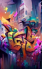 Rolgordijnen Straatgraffiti, abstracte woorden op de muur. Graffiti tekenen met felle kleuren, verf. Illustratie © Mars0hod