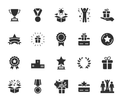 Vector Set Of Reward Flat Icons. Contains Icons Prize, Trophy, Winner, Gift, Loyalty Program, Bonus Card And More. Pixel Perfect.