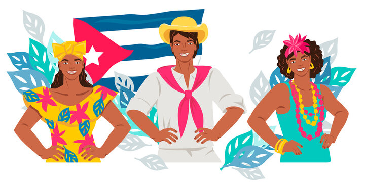 Cuban people on  background of the national flag of Cuba,  flat vector illustration on a white background. Travel and tourism promotional materials banner template.