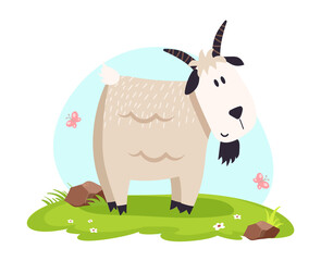 Cute goat vector flat illustration with landscape isolated on white background. Farm animals cartoon goat character an a grass