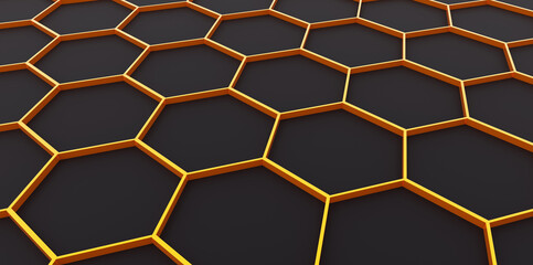 Background with 3D hexagons pattern, gold honeycomb structure on black background, 3D technology interesting texture render illustration.