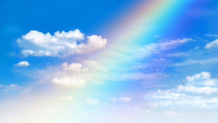 Obraz premium Sunny day background, blue sky with white cumulus clouds and rainbow, natural summer or spring background with perfect hot day weather illustration.