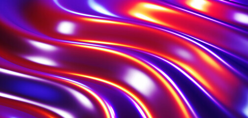 Striped neon lights background, abstract purple blue liquid metal wavy design, 3D render illustration.
