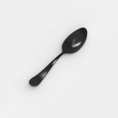 Spoon is black on gray background. Isolated object. perspective view. Square image. 3D image. 3D rendering.