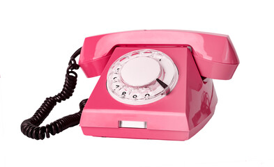 Pink retro phone isolated on white background. Telephone with rotary dial. High quality photo
