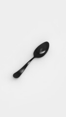 Spoon is black on gray background. Isolated object. perspective view. Vertical image. 3D image. 3D rendering.