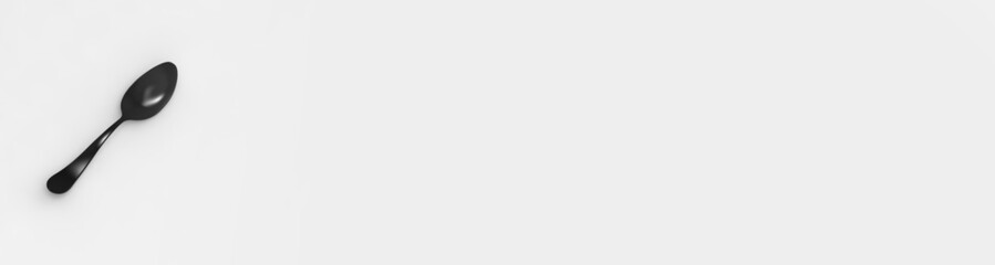 Spoon is black on gray background. Isolated object. perspective view. Horizontal image. Banner for insertion into site. 3D image. 3D rendering.