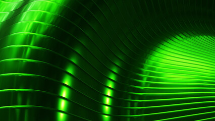 Green chrome background, 3D shiny striped texture, wavy pattern technology 3D render illustration.