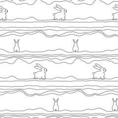 Vector seamless pattern. Outline bunny background. Line art illustration.  rabbit single line. Happy Easter. New Year 2023