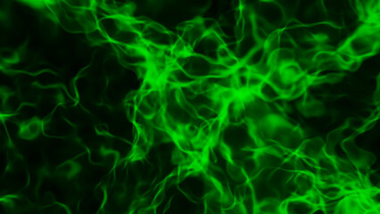 Green abtract background, glowing plasma smoke pattern isolated on black, 3D render illustration.
