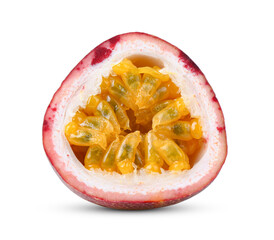 Passion fruit cut in half on white background