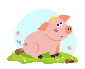 Cute pig vector flat illustration with landscape isolated on white background. Farm animals cartoon pig character an a grass