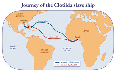 Map with the journey of the Clotilda slave ship