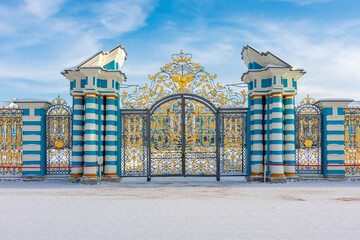 Golden gate to Catherine palace in winter, Tsarskoe Selo (Pushkin), Saint Petersburg, Russia