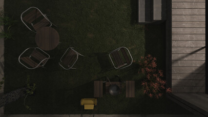 Top View of a Slightly Illuminated Patio at Night 3D Rendering