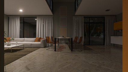 Partially Illuminated Open Plan Kitchen and Living Room After Sunset 3D Rendering