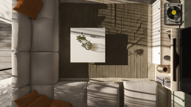 Top View of an Open Plan Living Room with Furniture in Daylight 3D Rendering