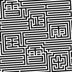 Seamless monochrome maze pattern tile with black kanji shapes on white background.