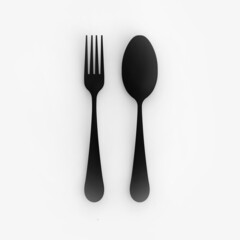 Spoon and fork are black on gray background. Isolated items. flat lay. Square image. 3D image. 3D rendering.