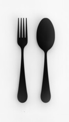 Spoon and fork are black on gray background. Isolated items. flat lay. Vertical image. 3D image. 3D rendering.