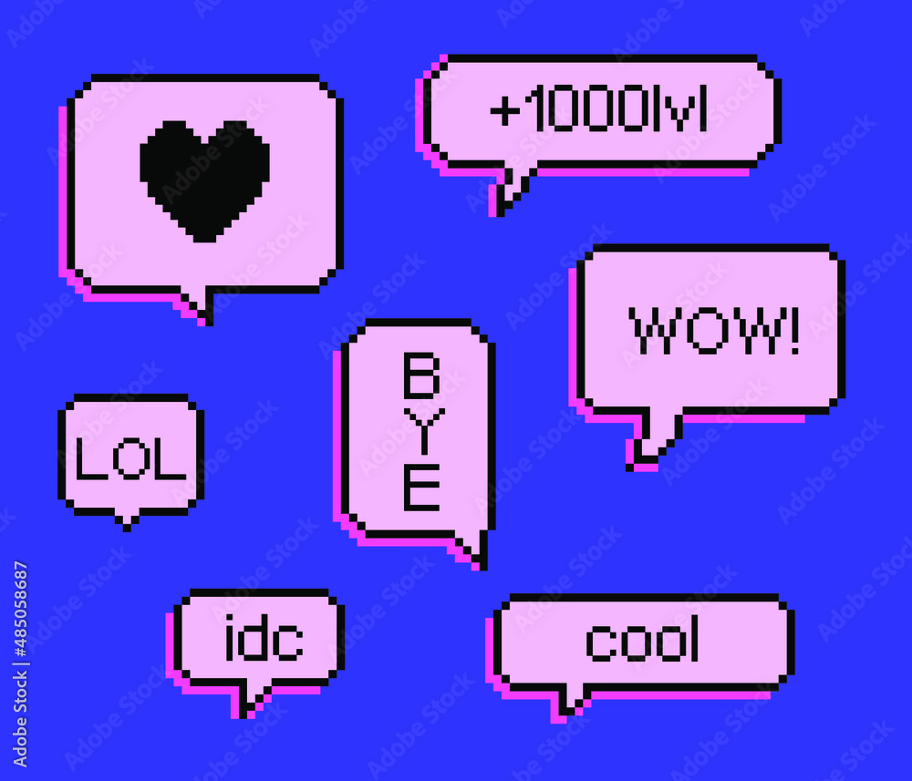 Poster set of speech bubbles in pixel art retro 90's style.