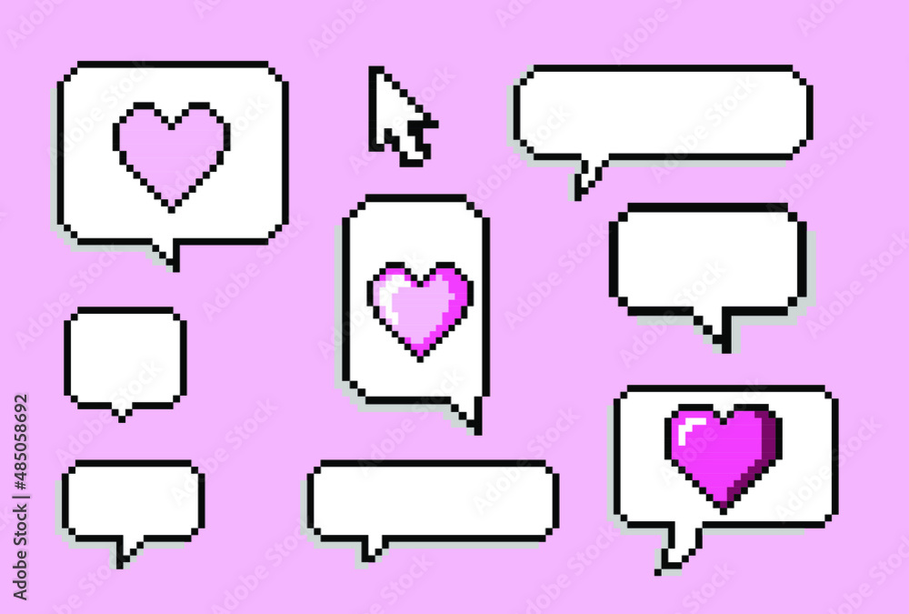 Poster set of speech bubbles in pixel art retro 90's style.