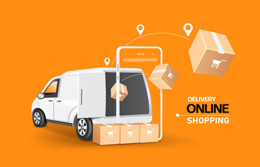 The parcel box floated out of the delivery van and through the smartphone and has a pin location at the top for delivery and online concept design,vector 3d isolated on orange background © John k studio