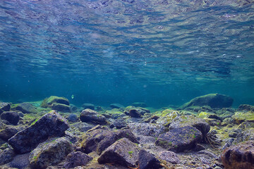 ocean underwater rays of light background, under blue water sunlight