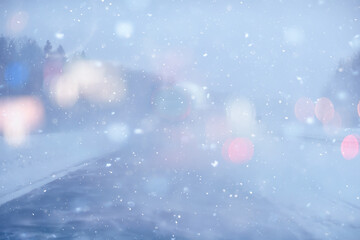 winter highway snowfall background fog poor visibility