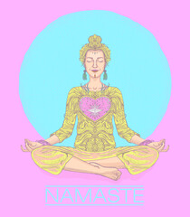 Namaste card with woman practice yoga meditation, lotus pose