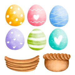 Watercolor Hand drawing Easter egg and basket set 