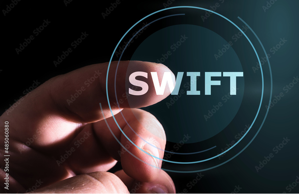 Aufkleber hand pressing swift button on virtual screens