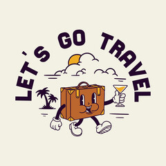 suitcase mascot character illustration drinking cocktail in vintage style