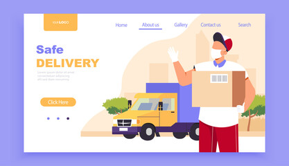 Safe delivery concept landing page. Courier with a medical protective mask on his face holding a package with a delivery truck in the background. Delivery during quarantine. Vector illustration banner