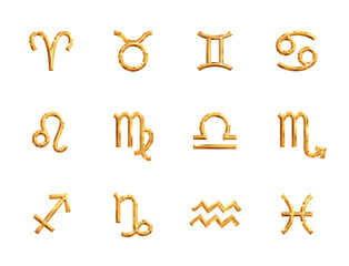 Zodiac signs. Gold astrology symbols for horoscope template. Zodiac shiny metallic icons set isolated on white background for design.